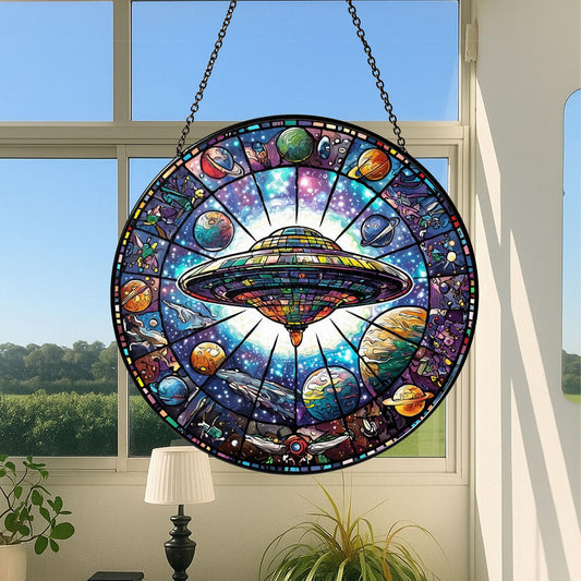 Cosmic UFO Stained Glass Suncatcher, Colorful Alien & Galaxy Decor for Sci-Fi Lovers, Gift for Space Enthusiast Moms, Aliens Lovers Gifts