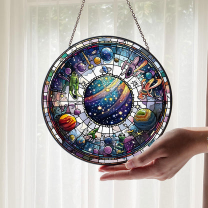 Alien UFO Stained Glass Suncatcher, Sci-Fi Decor, Stained Glass UFO Art, Outer Space Decoration, Alien Decor for Home, Celestial Suncatcher