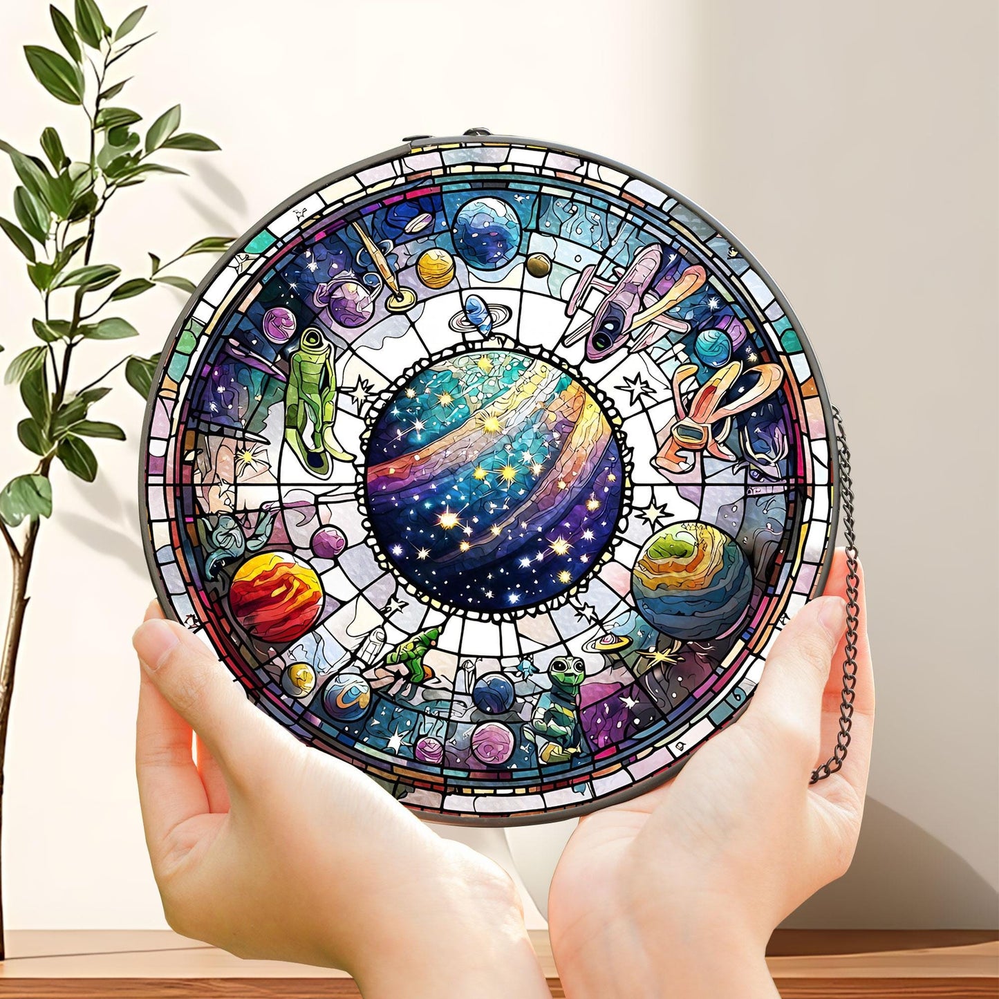 Alien UFO Stained Glass Suncatcher, Sci-Fi Decor, Stained Glass UFO Art, Outer Space Decoration, Alien Decor for Home, Celestial Suncatcher