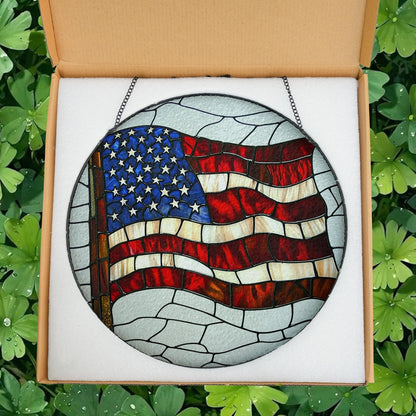American Flag Stained Glass Suncatcher, Patriotic Window Decor, Rustic USA Theme, Veterans & Military Families, Fourth of July Gift