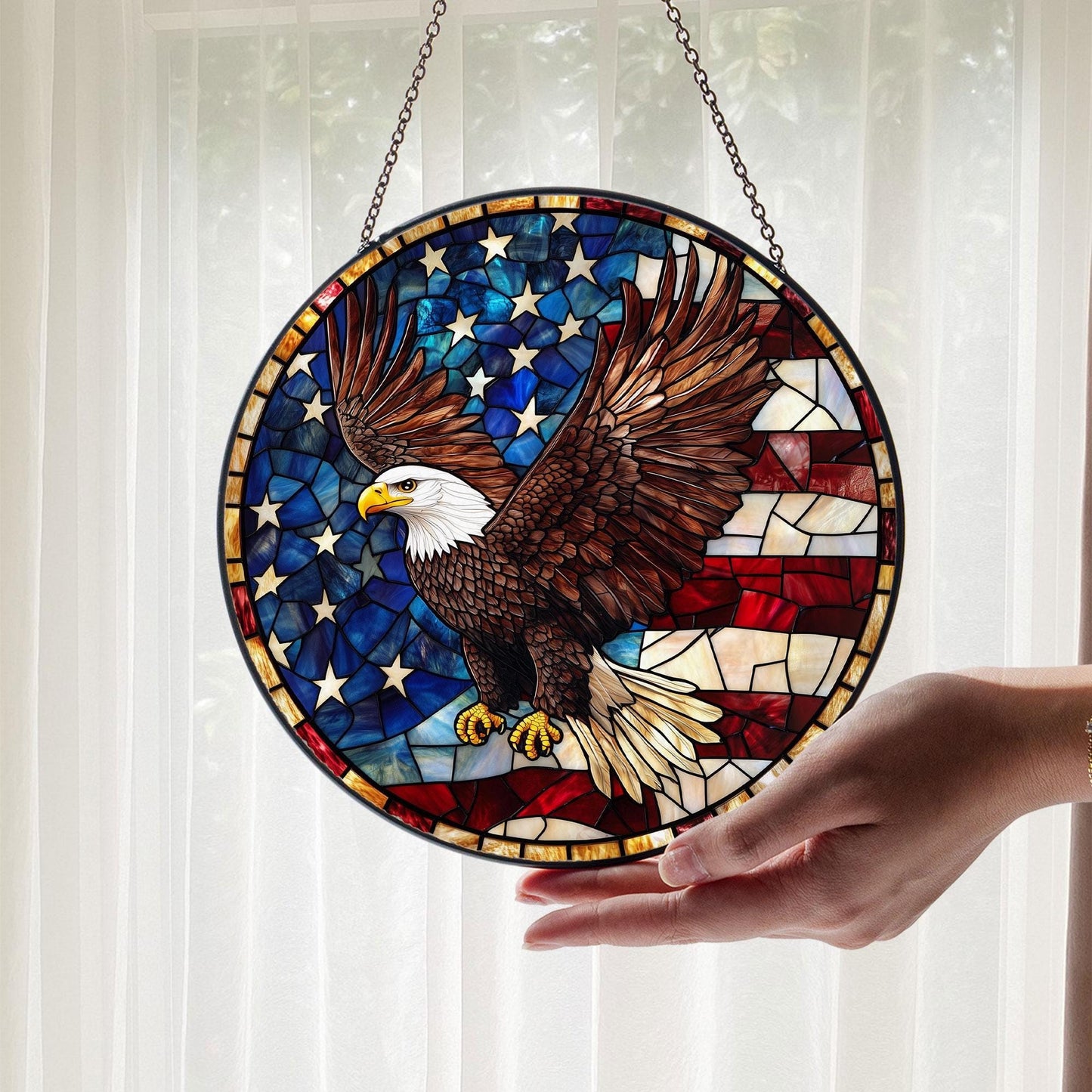American Eagle Stained Glass Suncatcher, Patriotic Bald Eagle – American Flag Suncatcher, 4th of July Decor, Freedom Eagle Wall Window Gift