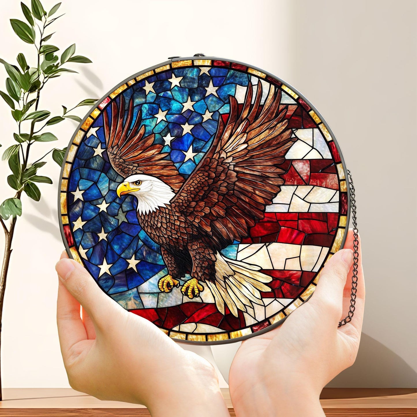 American Eagle Stained Glass Suncatcher, Patriotic Bald Eagle – American Flag Suncatcher, 4th of July Decor, Freedom Eagle Wall Window Gift
