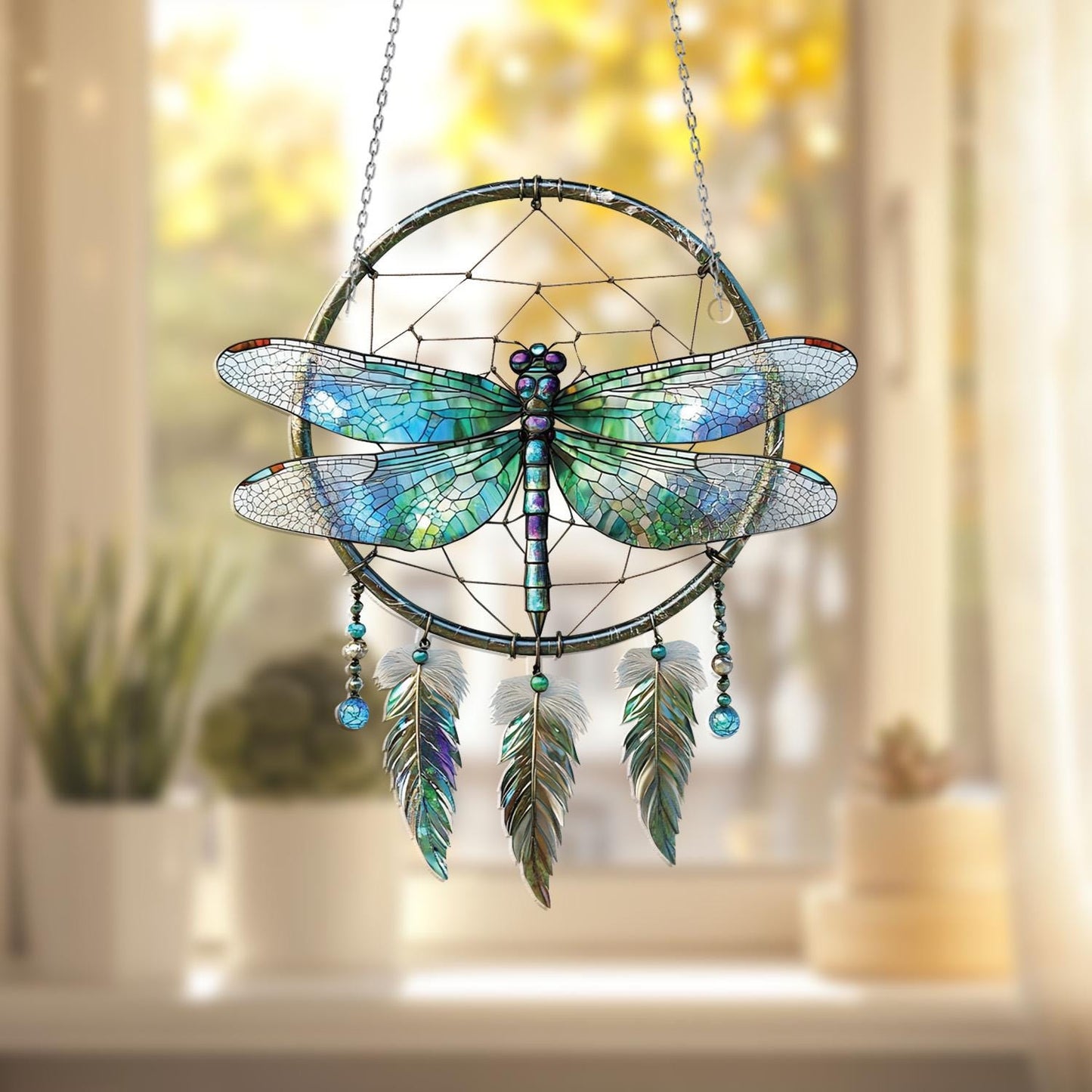 Dragonfly Dreamcatcher Window Hanging – Whimsical Boho Decor with Feathers for Peaceful, Nature-Inspired Living Spaces