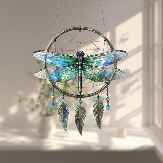 Dragonfly Dreamcatcher Window Hanging – Whimsical Boho Decor with Feathers for Peaceful, Nature-Inspired Living Spaces