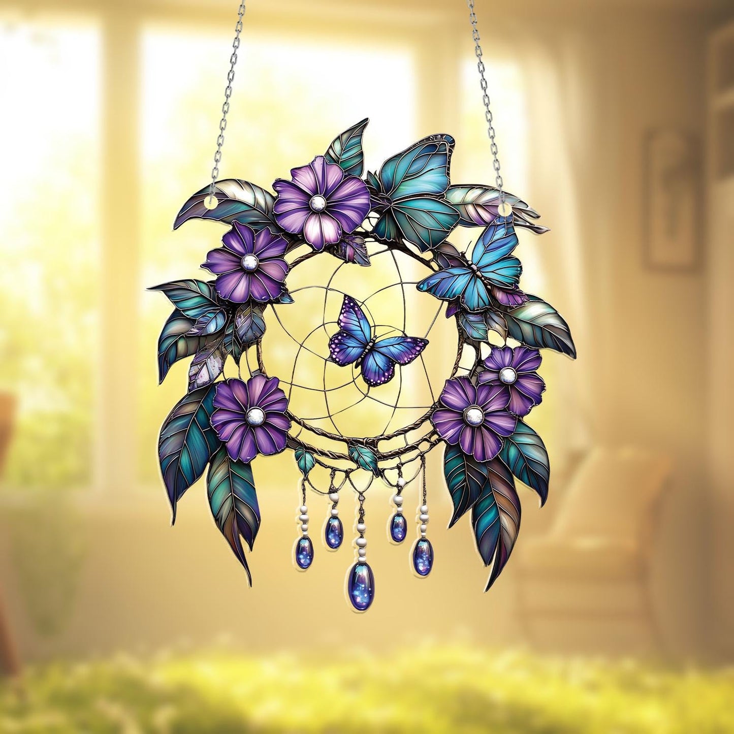 Butterfly Dreamcatcher Window Hanging – Enchanting Purple Floral Decor for Boho Spaces, Bedroom Charm, or Whimsical Gift Idea