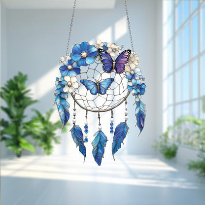 Blue Butterfly Dreamcatcher Window Hanging – Whimsical Floral Decor with Feathers for Boho Homes, Spiritual Corners, or Gift Ideas