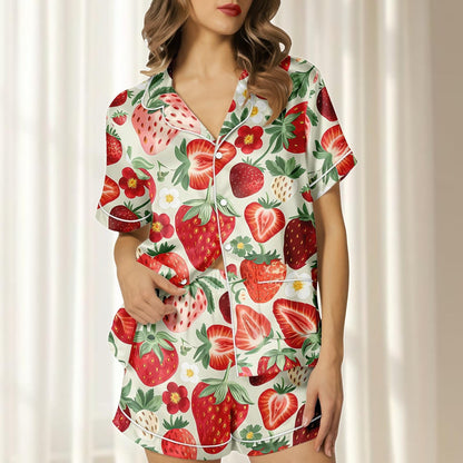 Strawberry Satin Pajamas Short Set, Red Fruit Summer Sleepwear, Red Berry Pjs, Short Sleeve Loungewear, Matching Pajamas, Gift For Her