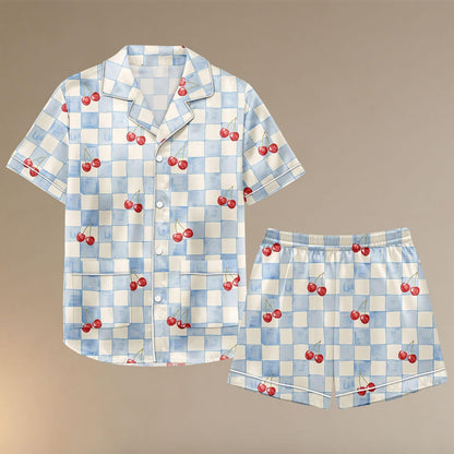 Cherry Checkered Satin Pajamas Short Set, Red Fruits Summer Sleepwear, Cute Short Sleeve Pjs, Women Matching Pajamas, Gift For Her