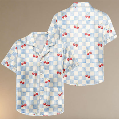 Cherry Checkered Satin Pajamas Short Set, Red Fruits Summer Sleepwear, Cute Short Sleeve Pjs, Women Matching Pajamas, Gift For Her