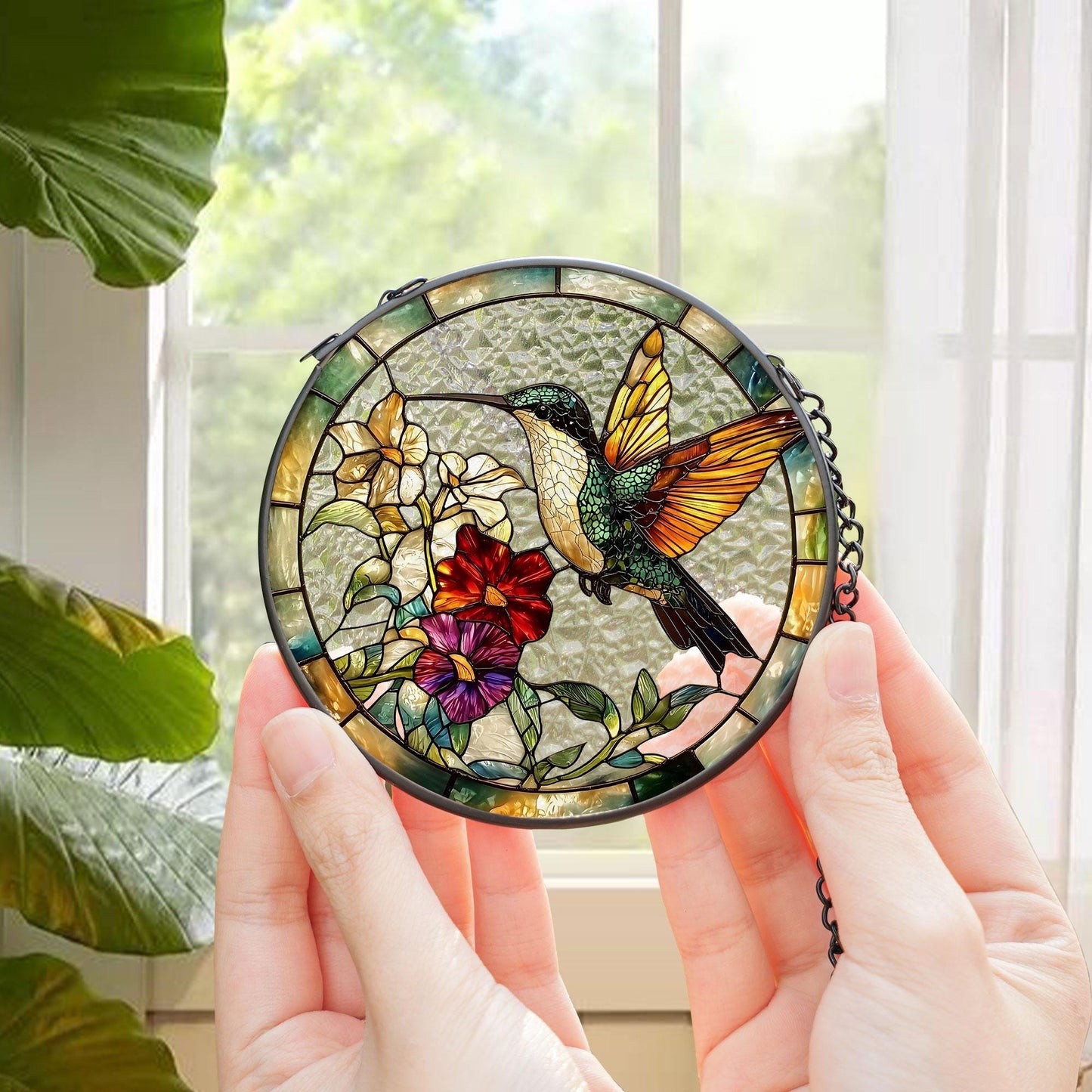 Hummingbird and Flower stained glass, Tiffany Glass Bird Window Hanging, Stained Glass Hummingbird Suncatcher,
