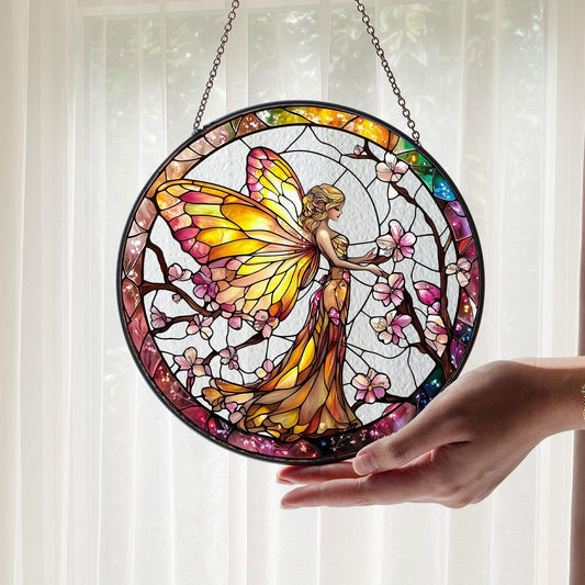 Fairy With Cherry Blossum SUNCATCHER, Fairy LightCatcher Window Hanging, Fantasy Home Decor, Garden Decor, Gift for Mom, Fairy Lover Gift