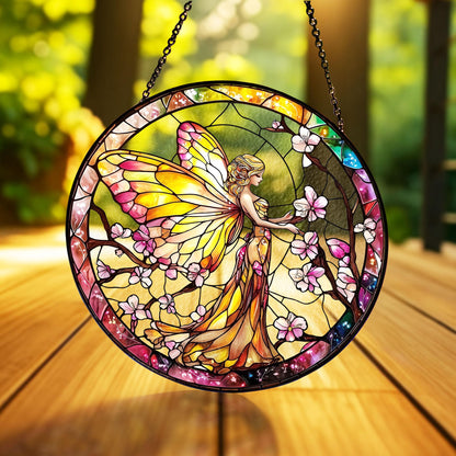 Fairy With Cherry Blossum SUNCATCHER, Fairy LightCatcher Window Hanging, Fantasy Home Decor, Garden Decor, Gift for Mom, Fairy Lover Gift