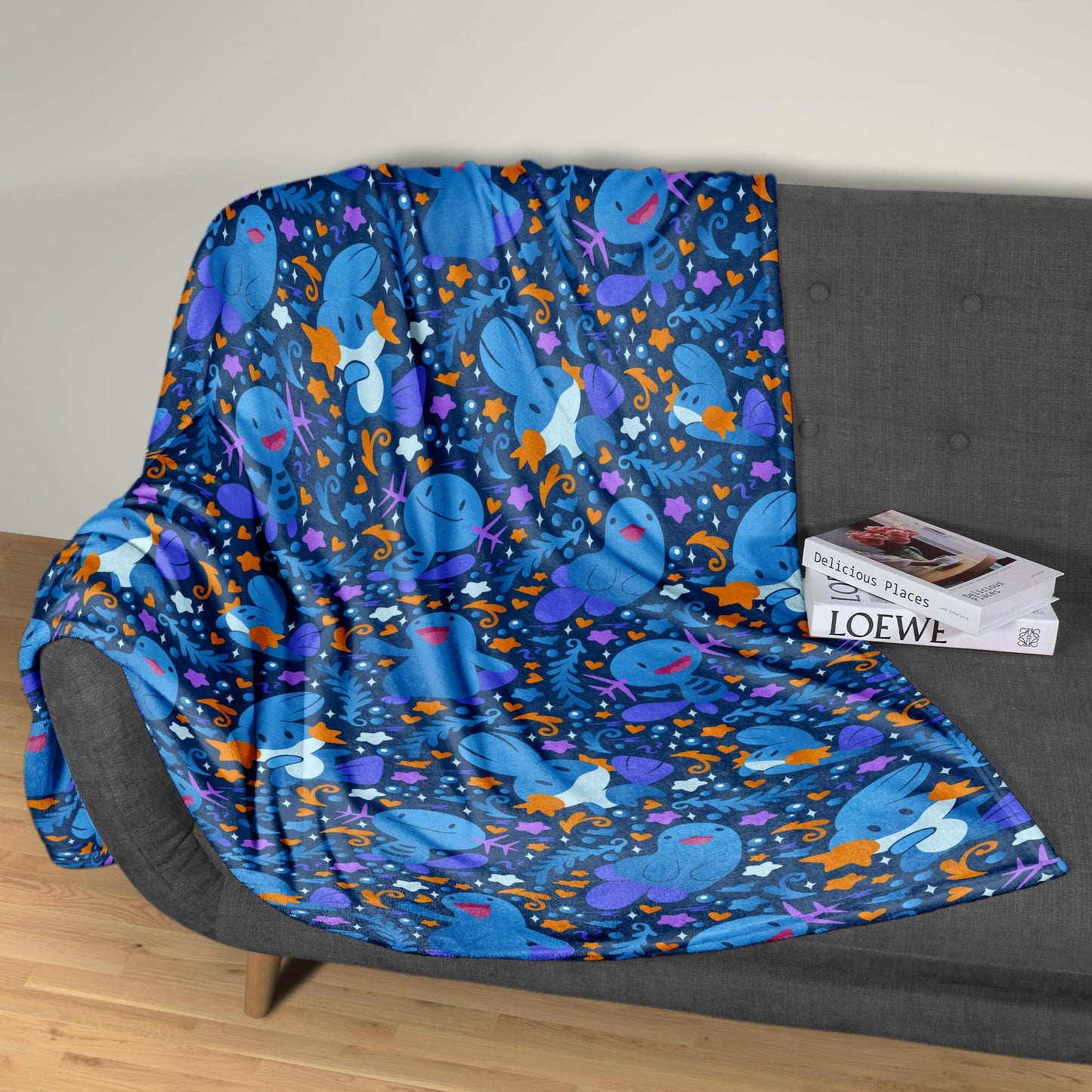 Wooper and Quagsire Blanket, Fleece Cotton Throw Blanket, Cozy Blue Bed Sofa Decor, Kawaii Axolotl Style Blanket, Wooper Blanket Gifts