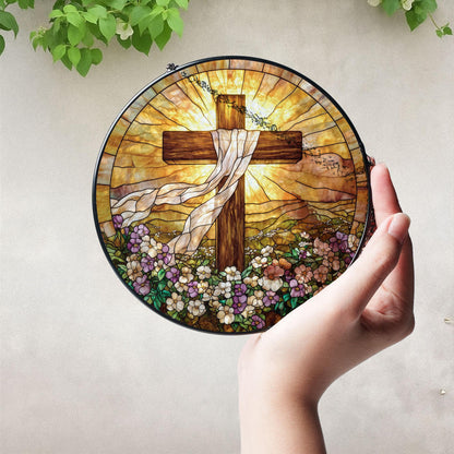 Stained Glass Cross And Wildflowers Suncatcher, Christian Glass Suncatcher, Flower Cross Gift For Religious Easter Faith Cross Home Decor