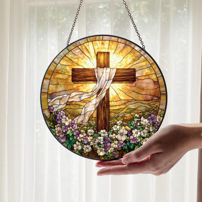 Stained Glass Cross And Wildflowers Suncatcher, Christian Glass Suncatcher, Flower Cross Gift For Religious Easter Faith Cross Home Decor
