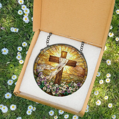 Stained Glass Cross And Wildflowers Suncatcher, Christian Glass Suncatcher, Flower Cross Gift For Religious Easter Faith Cross Home Decor
