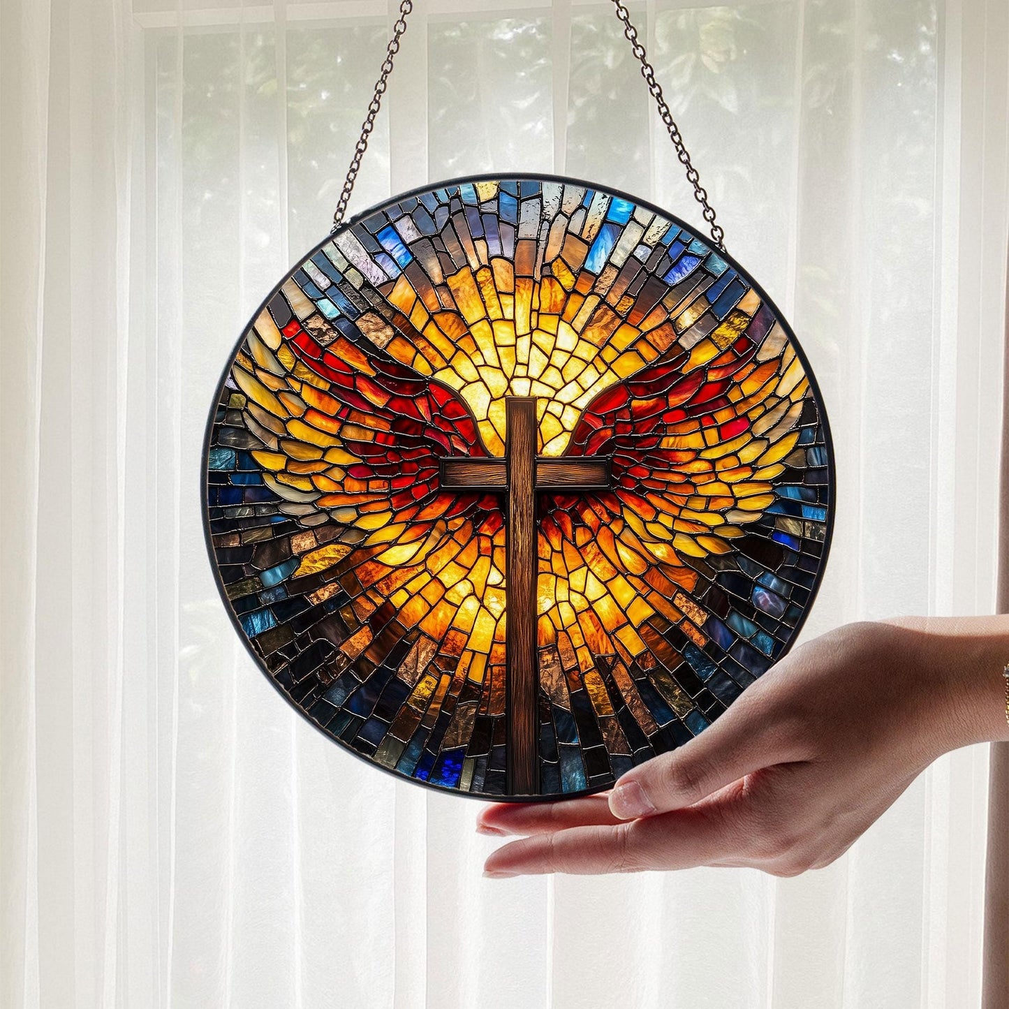 Cross Glass Suncatcher, Catholic Stained Glass Decor, Religious Gift, Gift for Grandma, Christian Glass Suncatcher, Faith Cross Home Decor