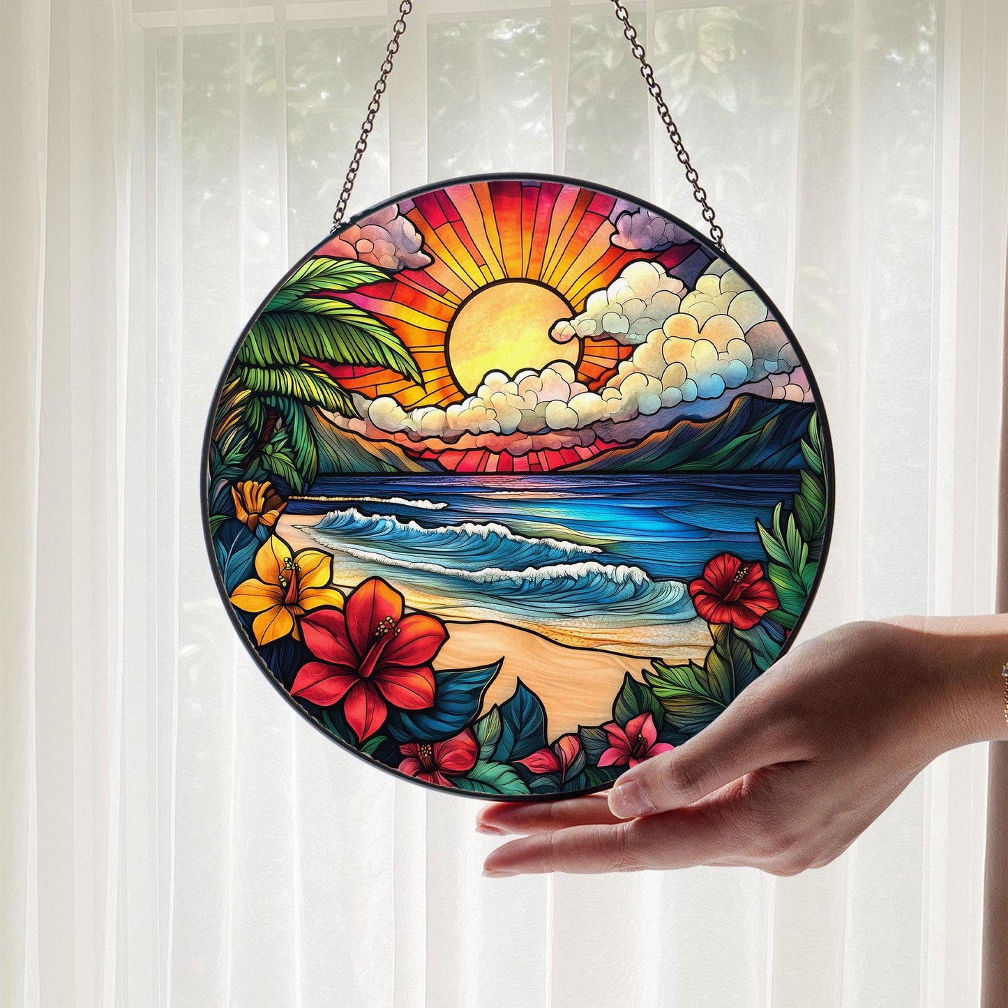Sunrise On The Beach Stained Glass Suncatcher, Beach Suncatcher, Ocean Sunset Glass Suncatcher, Palm Tree Hibiscus Summer Decor,Coastal Gift