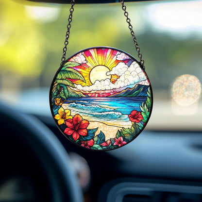 Sunrise On The Beach Stained Glass Suncatcher, Beach Suncatcher, Ocean Sunset Glass Suncatcher, Palm Tree Hibiscus Summer Decor,Coastal Gift
