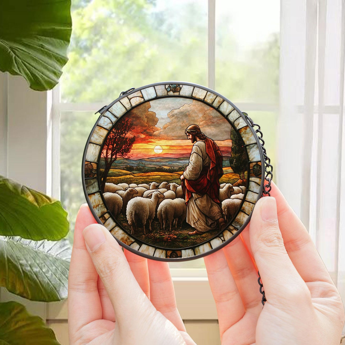 Jesus Stained Glass SunCatcher, Memorial Gift, Jesus With Lamb Landscape Glass Hanging, Jesus Suncatcher Hanging, Jesus Christ Decoration