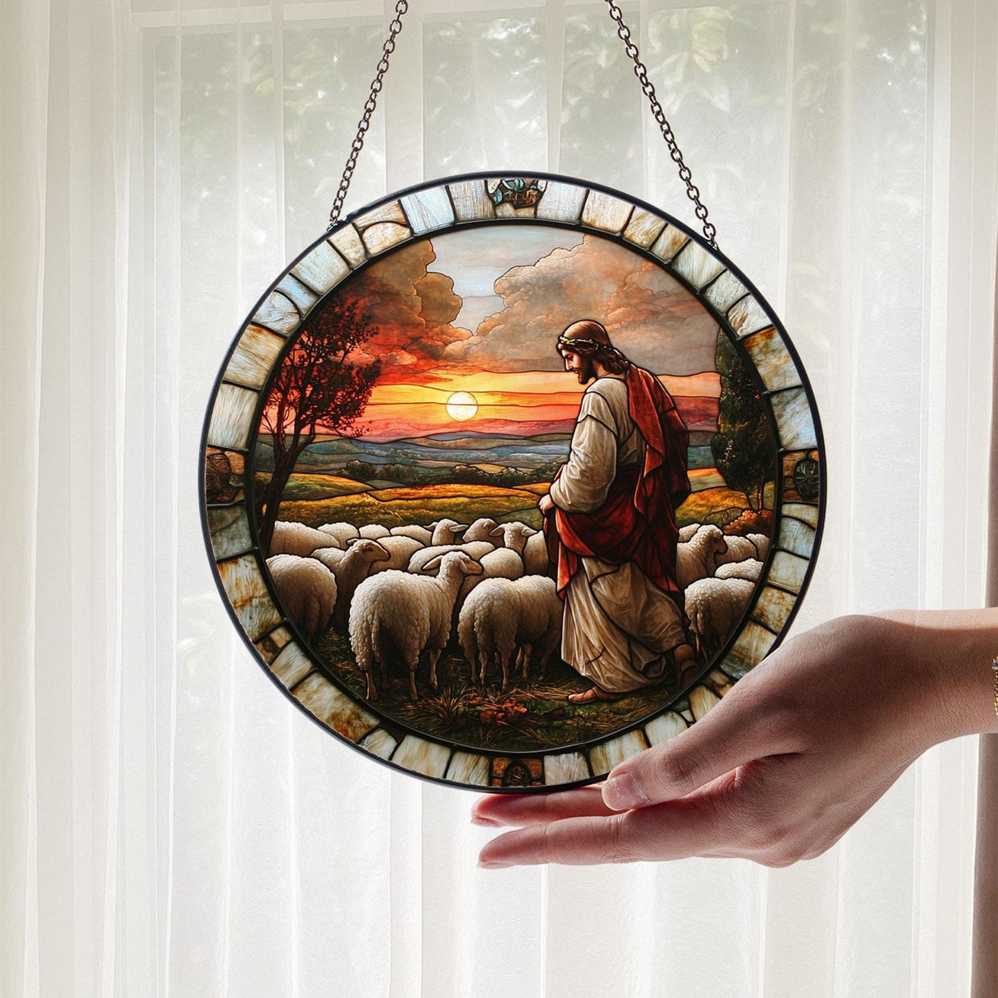Jesus Stained Glass SunCatcher, Memorial Gift, Jesus With Lamb Landscape Glass Hanging, Jesus Suncatcher Hanging, Jesus Christ Decoration