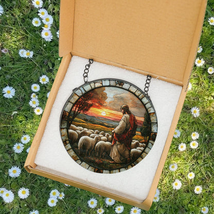 Jesus Stained Glass SunCatcher, Memorial Gift, Jesus With Lamb Landscape Glass Hanging, Jesus Suncatcher Hanging, Jesus Christ Decoration