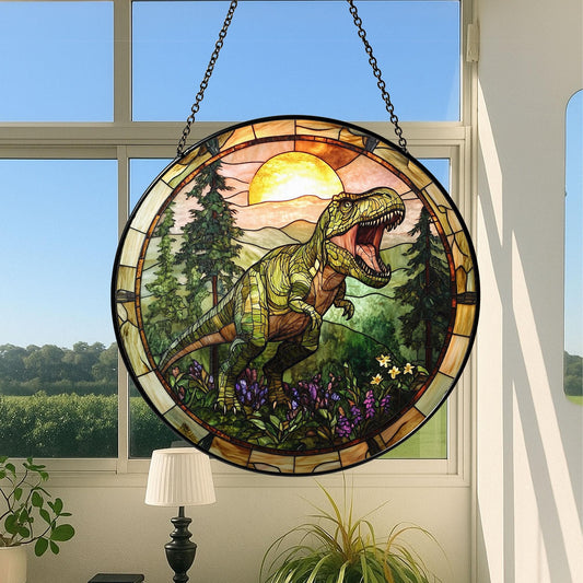 T-Rex Stained Glass Suncatcher, Tyrannosaurus Dinosaur Suncatcher, Fierce Jurassic Decor for Kids and Dinosaur Lovers, T-rex lovers gift