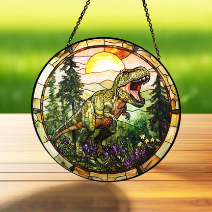 T-Rex Stained Glass Suncatcher, Tyrannosaurus Dinosaur Suncatcher, Fierce Jurassic Decor for Kids and Dinosaur Lovers, T-rex lovers gift