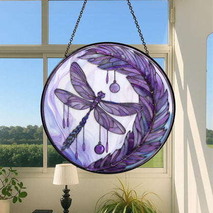 Purple Dragonfly Stained Glass Suncatcher, Dragonfly Moon Suncatcher, Insect Garden Art, Nature-Inspired Glass Panel, Spring Decor Home