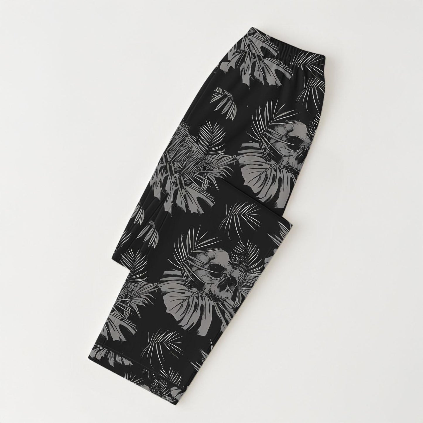 Gothic Skull Pajamas Set, Spooky Floral Black Sleepwear, Skull and Tropical Leaves Halloween Nightwear, Dark Halloween Matching Set