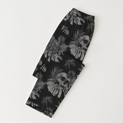 Gothic Skull Pajamas Set, Spooky Floral Black Sleepwear, Skull and Tropical Leaves Halloween Nightwear, Dark Halloween Matching Set