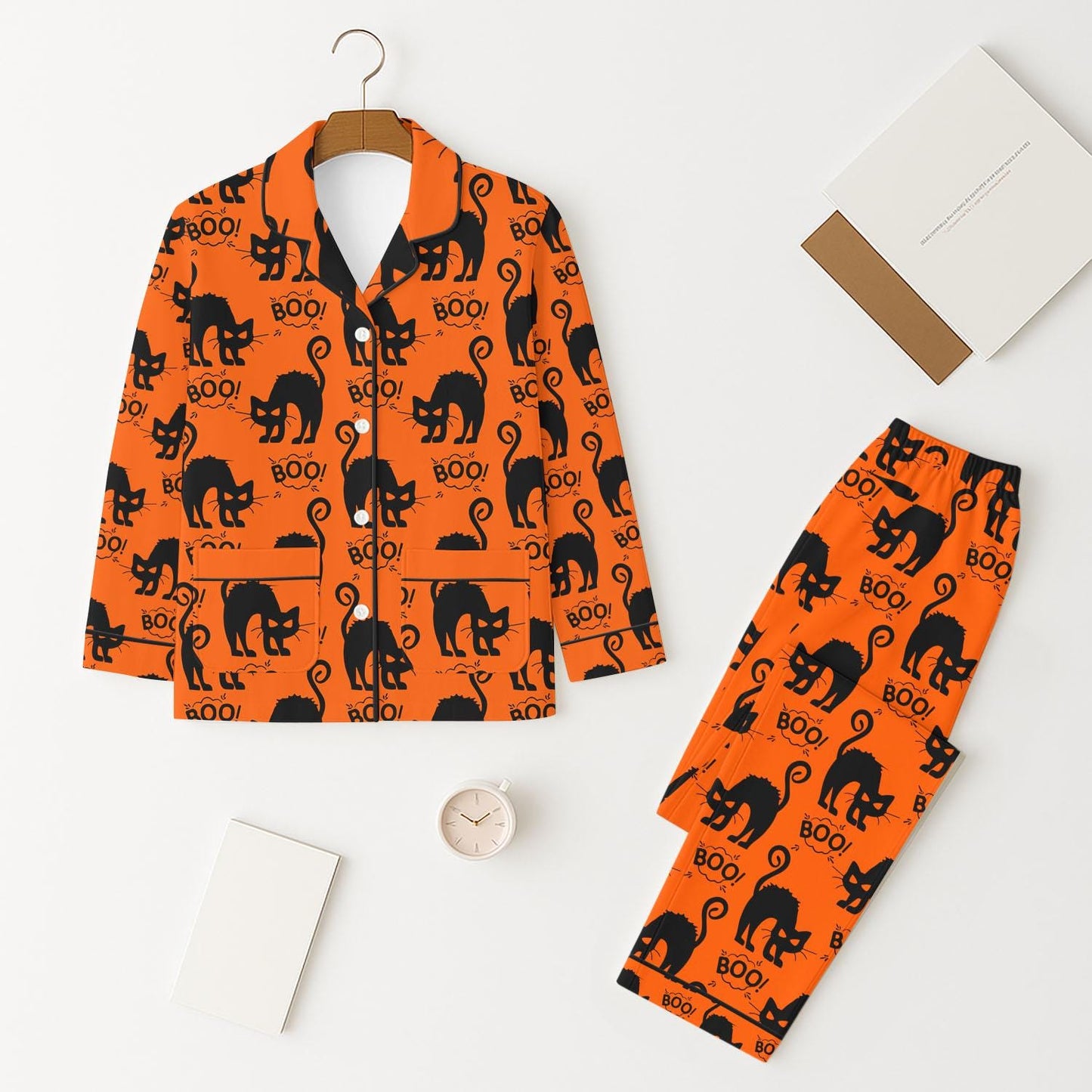 BOO Black Cat Pajamas Set, Orange Halloween Sleepwear, Spooky Season Matching Set, Witchy Cat Pajamas, Trick Or Treat Night Homewear