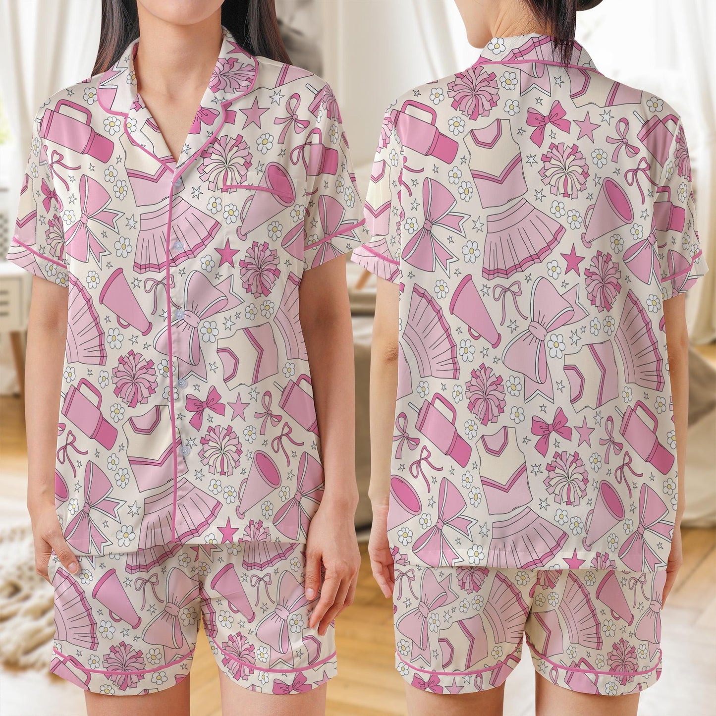 Coquette Pink Girlie Cheerleading Team AOP Satin Short-Sleeve Pajamas Set, Cute Cheerleader Sleepwear, Cheer Squad Gift for Her