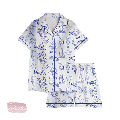 Sorrento Mediterranean – Nautical Summer Pajama Shorts | Blue Sea Life Sleepwear Set | Coastal Lounge Gift