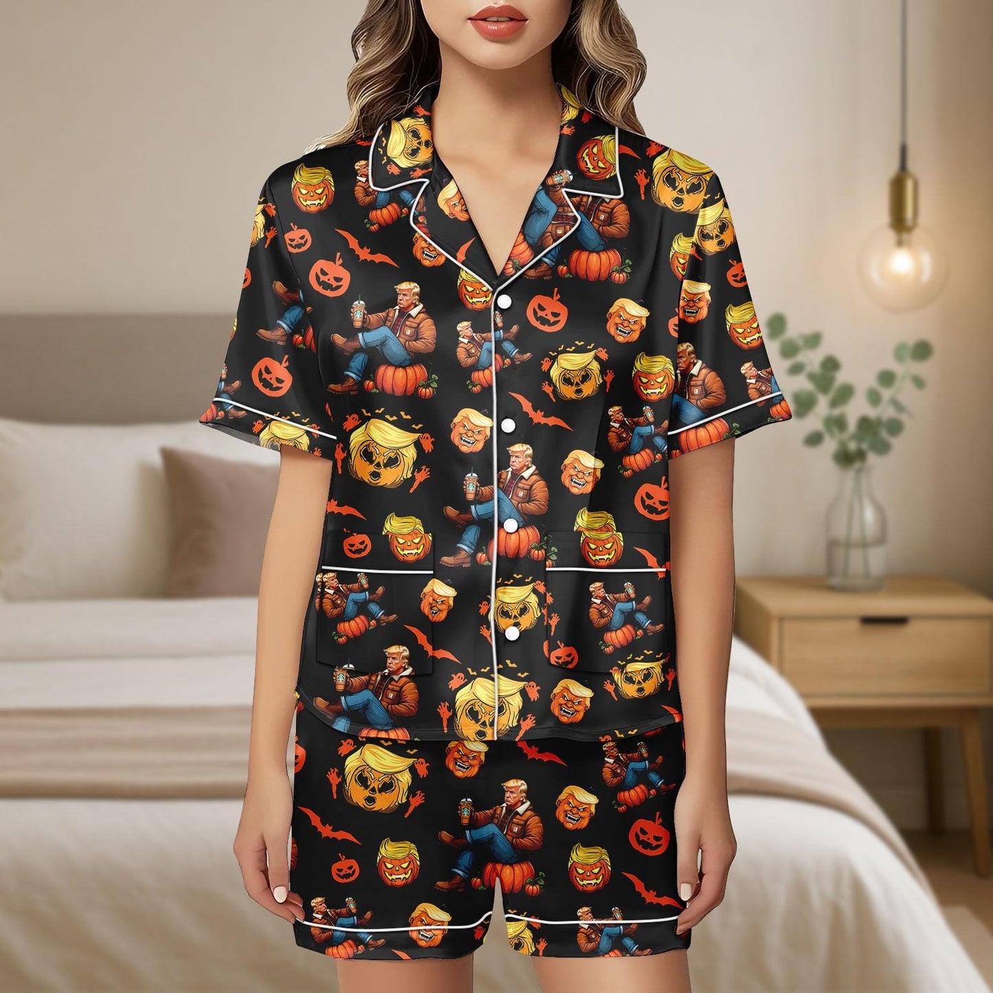 Pumpkin Head Satin Pajamas, Funny Halloween Sleep Set, Trump Pajama set, Trump Halloween Pajamas Short, Gift For Her, Sleepwear Gift