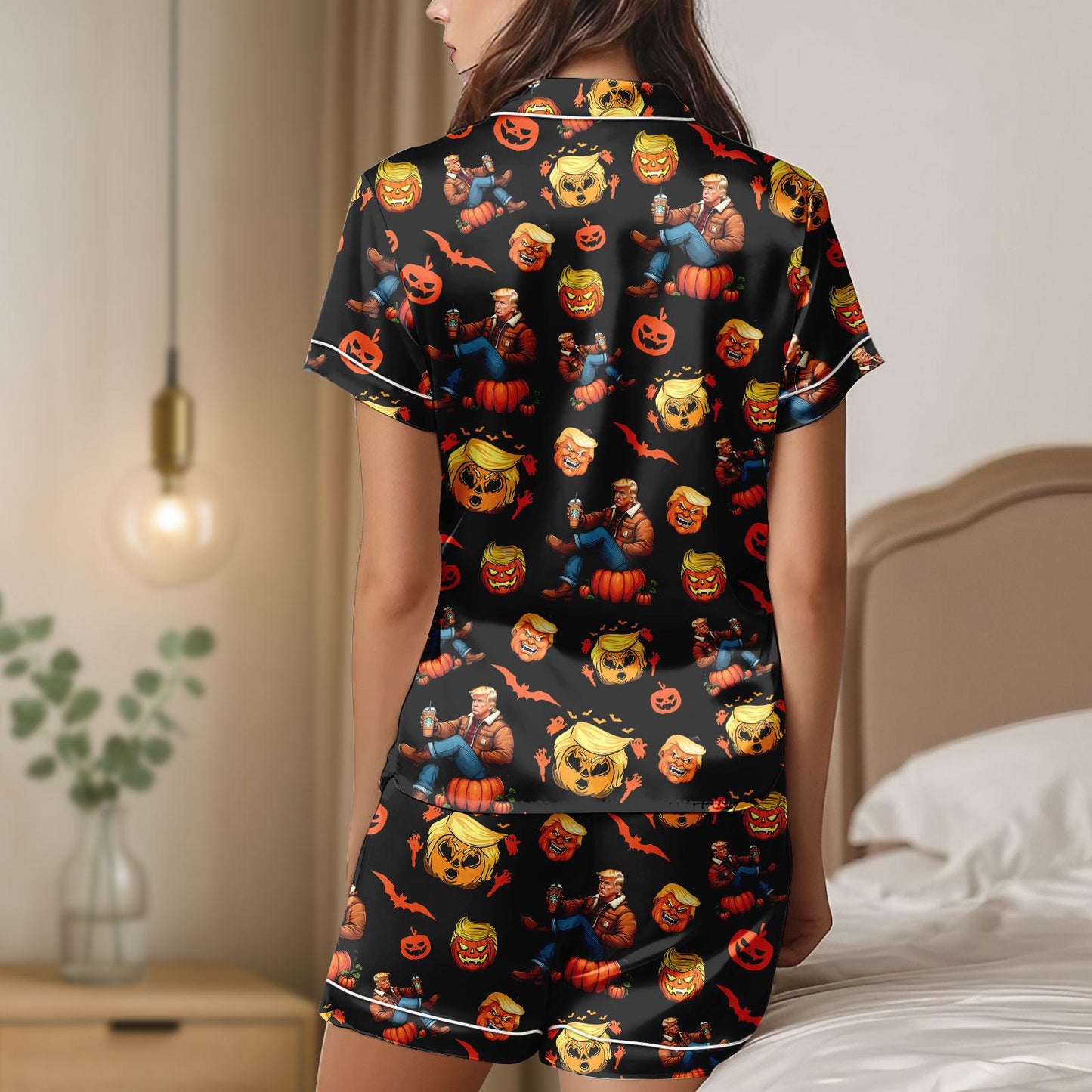 Pumpkin Head Satin Pajamas, Funny Halloween Sleep Set, Trump Pajama set, Trump Halloween Pajamas Short, Gift For Her, Sleepwear Gift