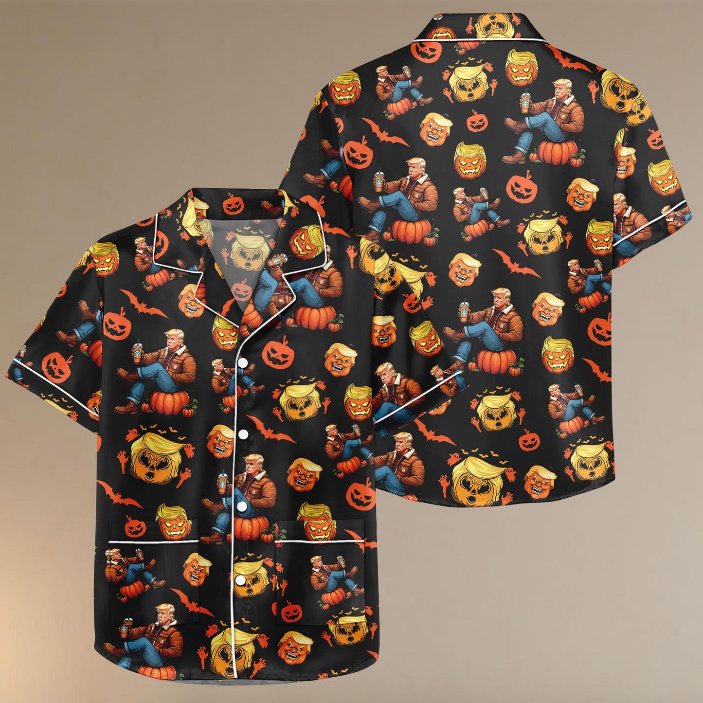 Pumpkin Head Satin Pajamas, Funny Halloween Sleep Set, Trump Pajama set, Trump Halloween Pajamas Short, Gift For Her, Sleepwear Gift