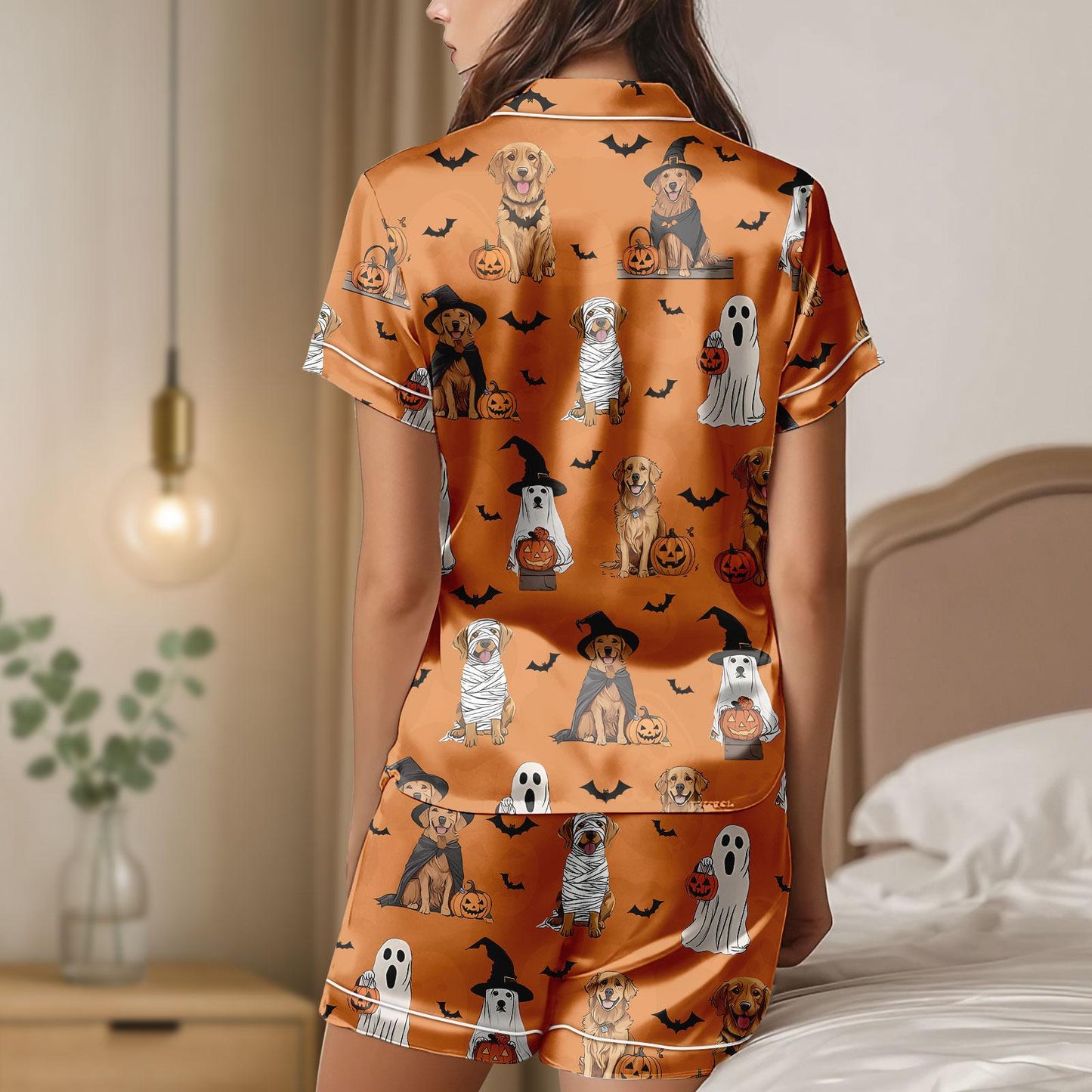 Dog Halloween Satin Pajamas, Mummy Witch Ghost Pumpkin Loungewear, Cute Pet Costume Sleep Set, Halloween Pumpkin Pjs, Halloween Party G