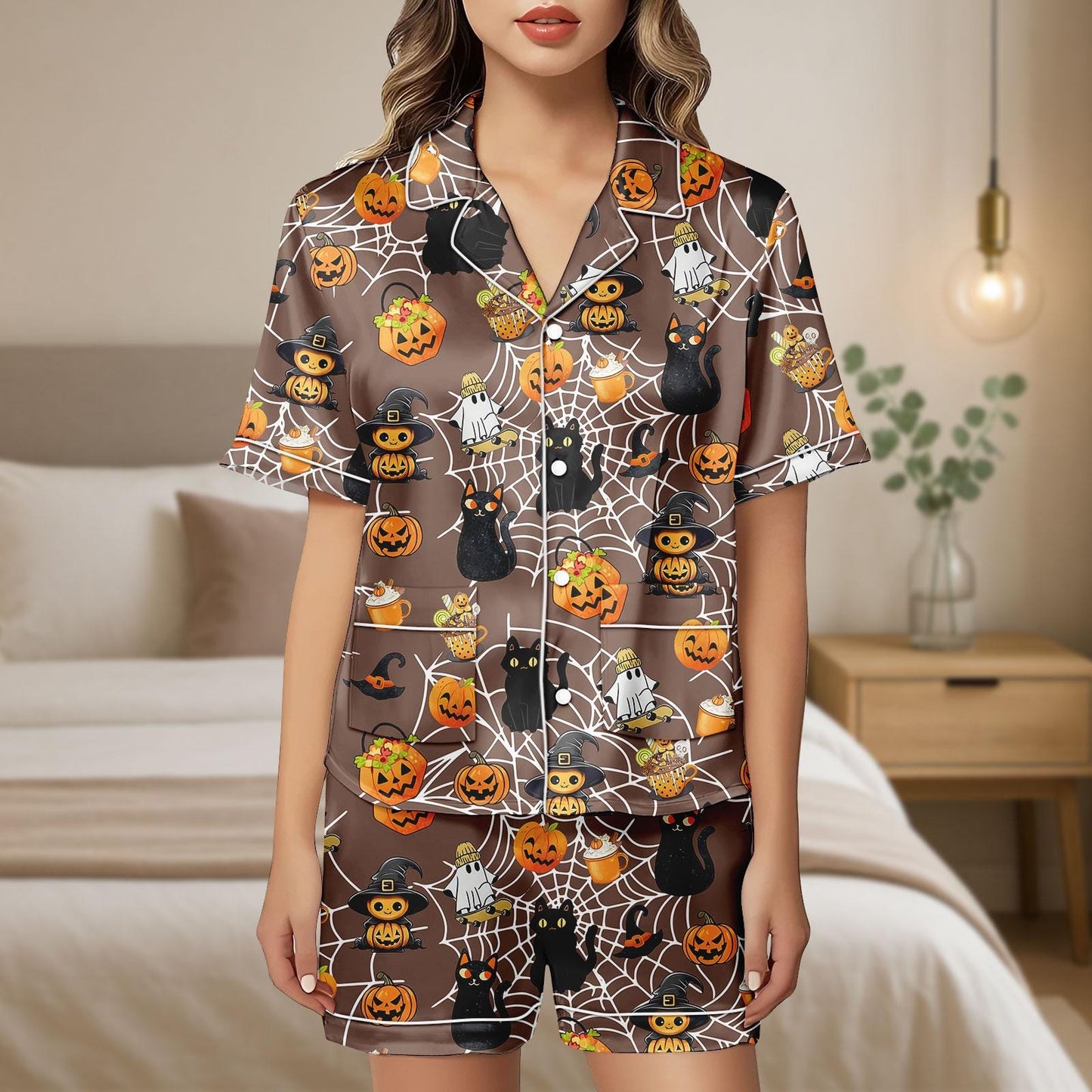 Halloween Black Cat Satin Pajamas, Ghost Pumpkin Sleepwear, Cute Spooky Halloween Shirt, Halloween Sleepwear, Gift For Her