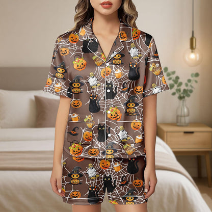Halloween Black Cat Satin Pajamas, Ghost Pumpkin Sleepwear, Cute Spooky Halloween Shirt, Halloween Sleepwear, Gift For Her