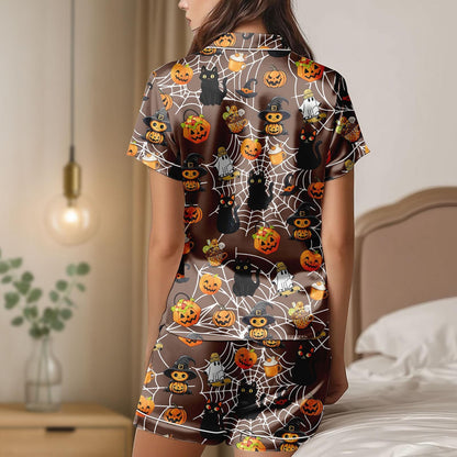 Halloween Black Cat Satin Pajamas, Ghost Pumpkin Sleepwear, Cute Spooky Halloween Shirt, Halloween Sleepwear, Gift For Her