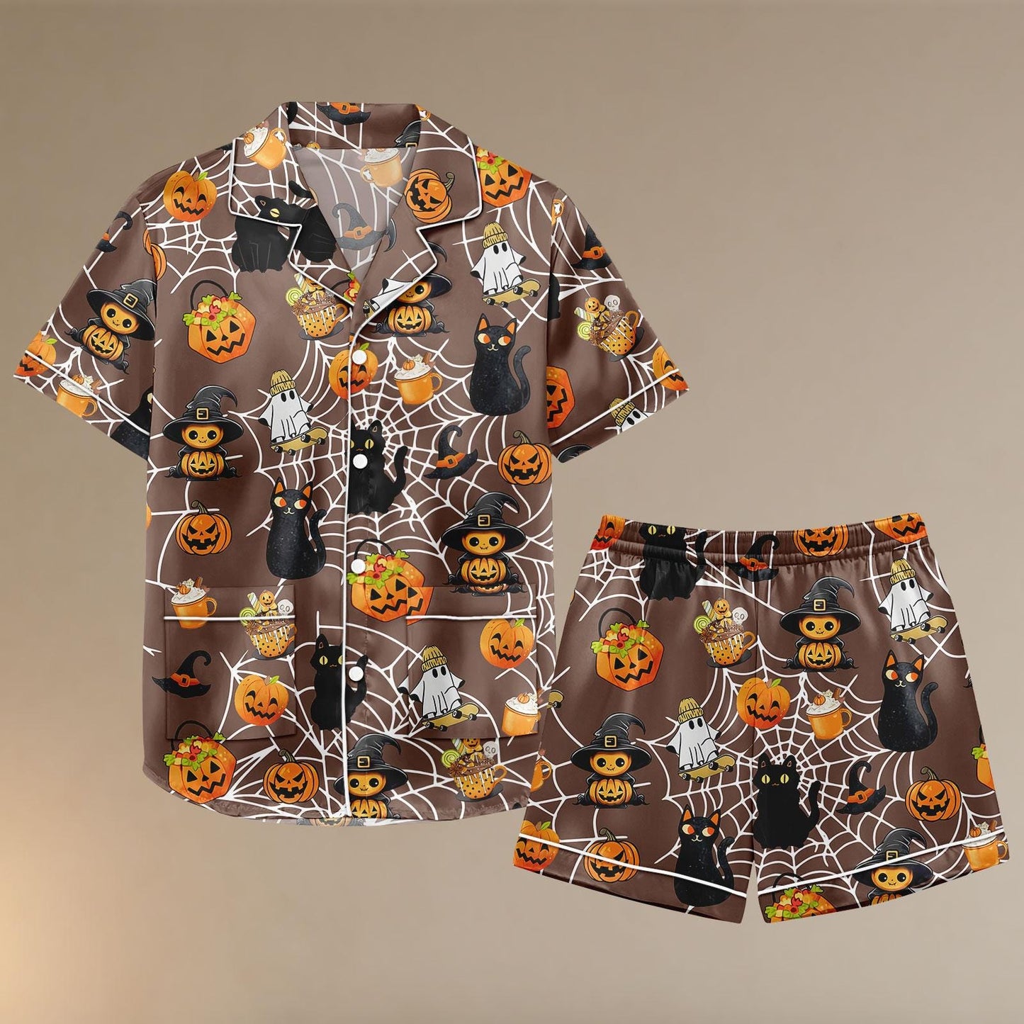 Halloween Black Cat Satin Pajamas, Ghost Pumpkin Sleepwear, Cute Spooky Halloween Shirt, Halloween Sleepwear, Gift For Her
