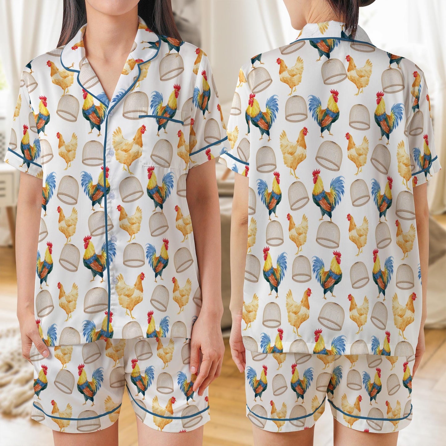 Rooster AOP Satin Short-Sleeve Pajamas Set, Farm Animal Sleepwear, Funny Rooster Print PJs for Women Men, Soft Lightweight Loungewear Gift