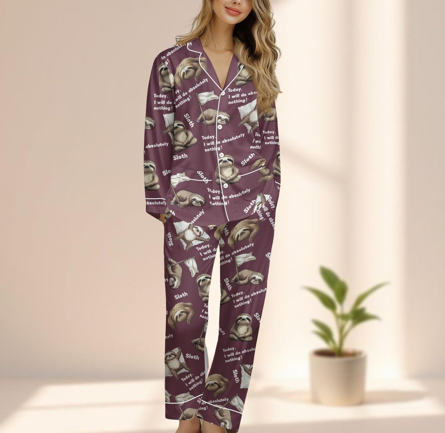 Funny Sloth Satin Pajamas Set, Today I Will Do Nothing Sleepwear, Lazy Day Loungewear, Cute Animal Matching Pjs, Gift For Her