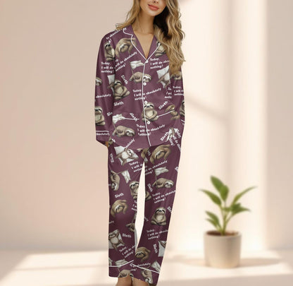 Funny Sloth Satin Pajamas Set, Today I Will Do Nothing Sleepwear, Lazy Day Loungewear, Cute Animal Matching Pjs, Gift For Her