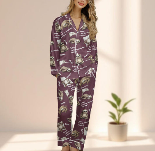 Funny Sloth Satin Pajamas Set, Today I Will Do Nothing Sleepwear, Lazy Day Loungewear, Cute Animal Matching Pjs, Gift For Her