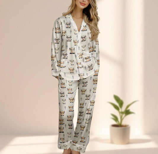 Cute Cowgirl Satin Pajamas Set, Cartoon Cowboy Cow Women Sleepwear, Western Farm Animal Loungewear, Matching Pj Set, Gift For Her