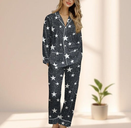 Starry Night Satin Pajamas Set, Black And White Star Women Sleepwear, Cozy Galaxy Loungewear, Celestial Matching Pjs, Gift For Her