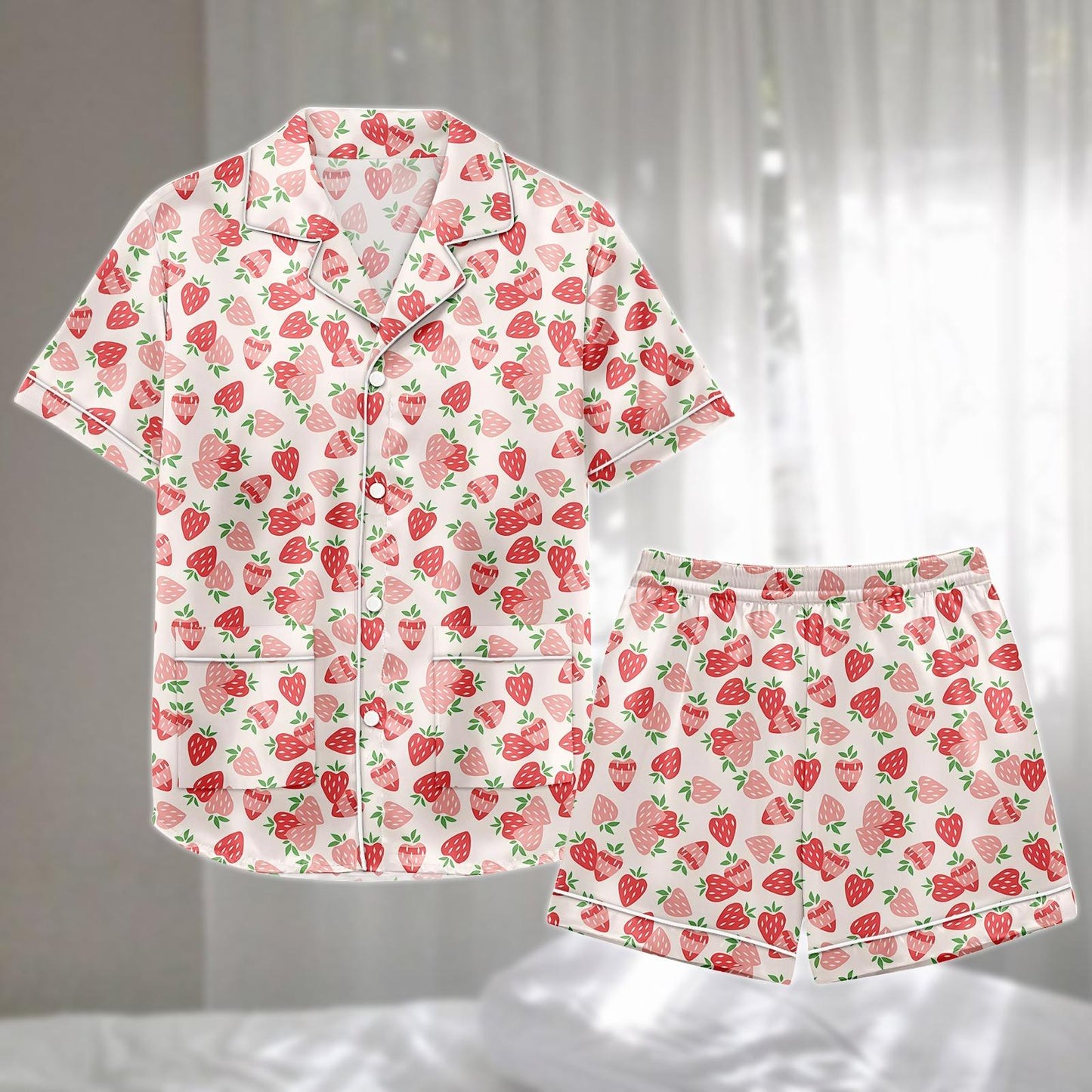 Strawberry Cartoon Satin Pajamas Set, Pink Fruit Print Short Sleepwear, Kawaii Summer Loungewear, Cute Women Pajamas Set, Funny Gift
