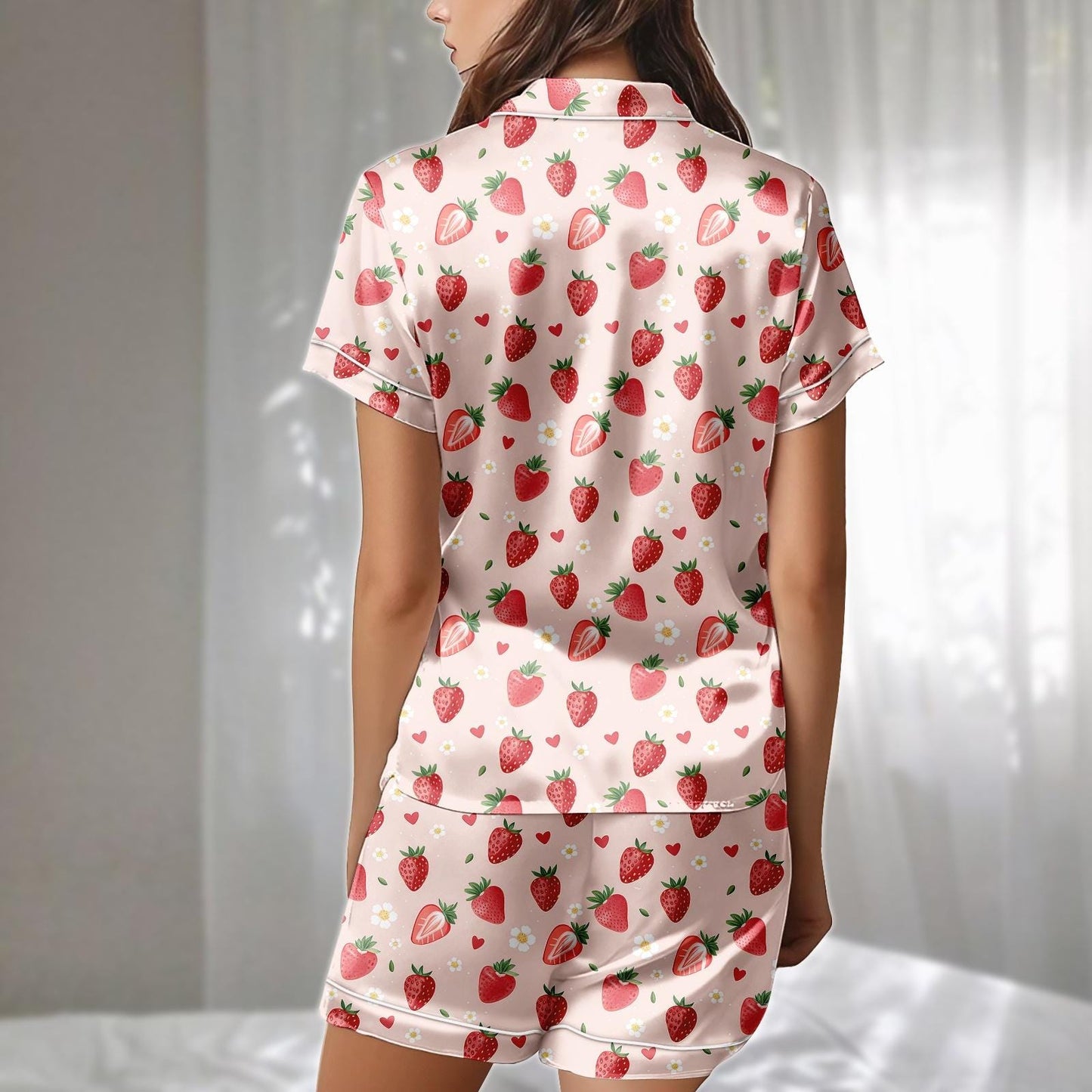 Kawaii Strawberry Satin Pajamas Short Set, Pink Heart And Floral Sleepwear, Cute Summer Pajamas Set, Matching Pajamas, Gift For Her